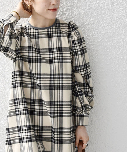 SHIPS any:〈ウォッシャブル〉チェック パイピング パフ スリーブ ワンピース
