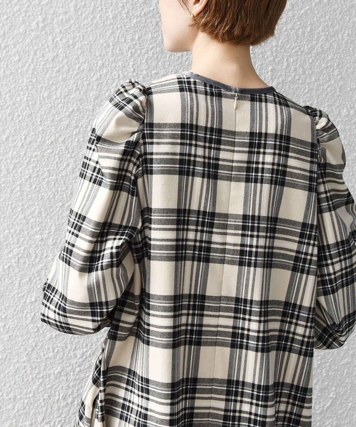 SHIPS any:〈ウォッシャブル〉チェック パイピング パフ スリーブ ワンピース