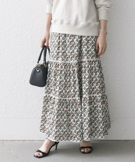 SHIPS any:〈手洗い可能〉リーフ プリント ハシゴレース ティアード スカート