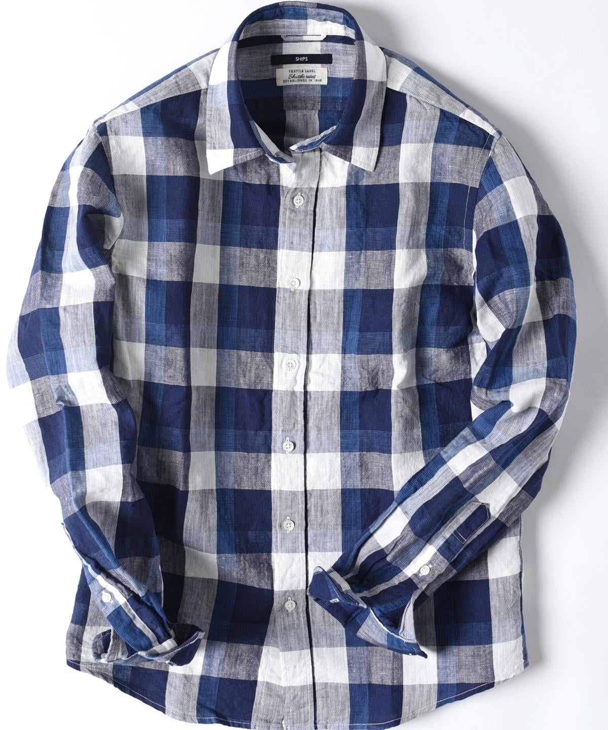 SHIPS: "Shuttle notes" コットン/リネン ナローカラー シャツ