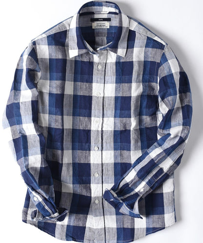 SHIPS: "Shuttle notes" コットン/リネン ナローカラー シャツ