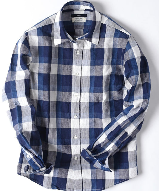 SHIPS: "Shuttle notes" コットン/リネン ナローカラー シャツ