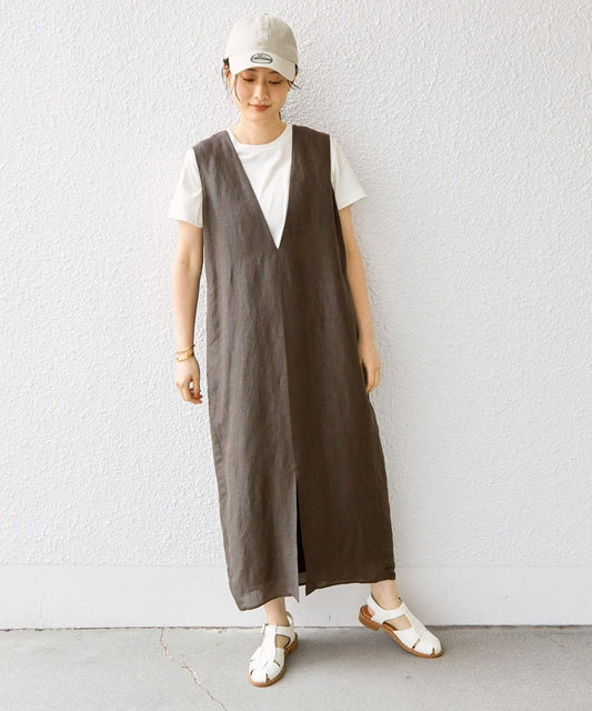 〈手洗い可能〉サフィラン リネン Vネック ワンピース