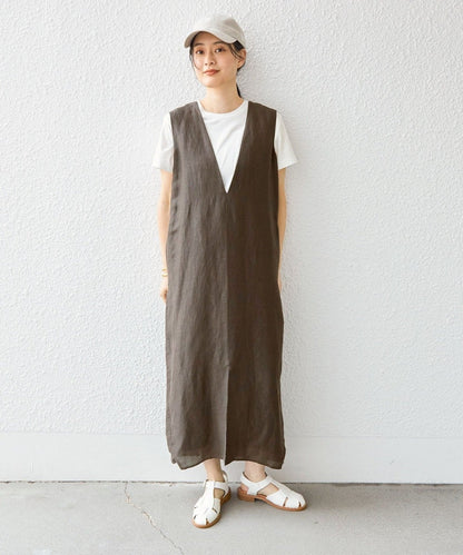 〈手洗い可能〉サフィラン リネン Vネック ワンピース
