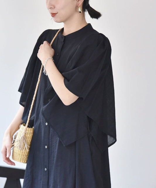 quaranciel:〈手洗い可能〉ストライプ ジャカード フレアスリーブ シャツワンピース