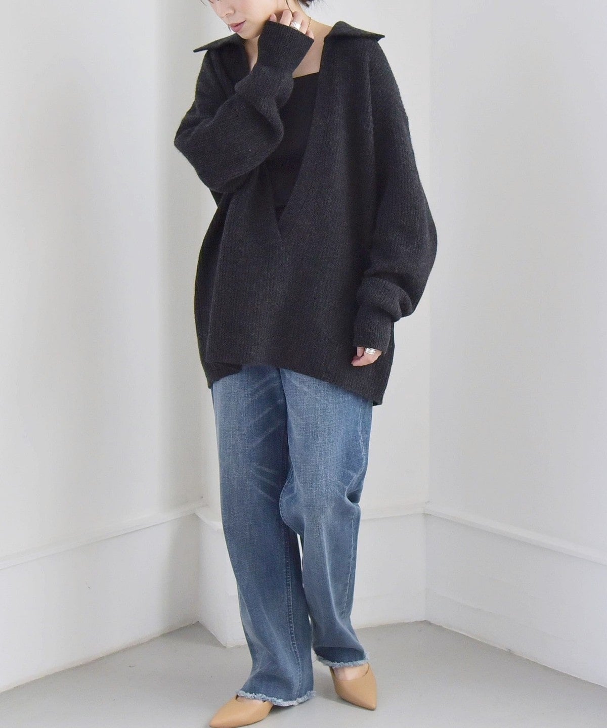 quaranciel: アクア カシミヤ ブレンド スキッパー ニット