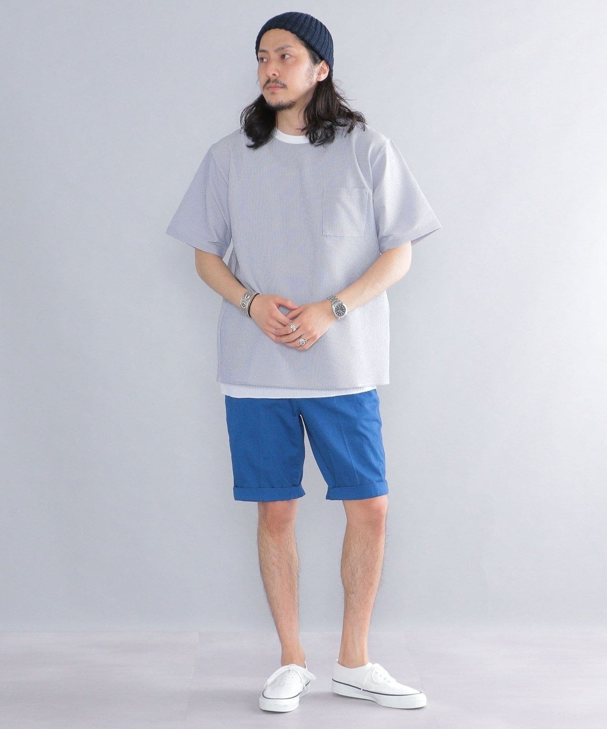 SHIPS: COOLMAX(R) シアサッカー ストライプ クルーネック Tシャツ