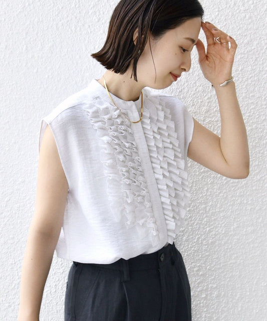 〈手洗い可能〉麻混 フロント フリル フレンチスリーブ ブラウス