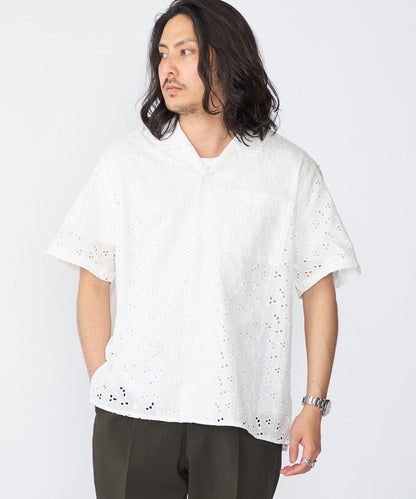BENCH MARKING SHIRT: フラワーレース オープンカラー ショートスリーブ シャツ