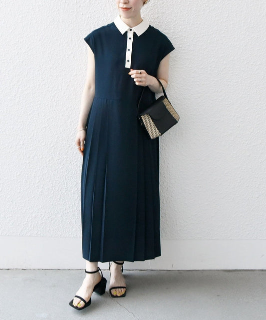 SHIPS any: ジョーゼット プリーツ バイカラー フレンチスリーブ ワンピース