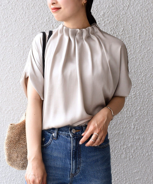 〈手洗い可能〉ネック ギャザー ソリッド ブラウス