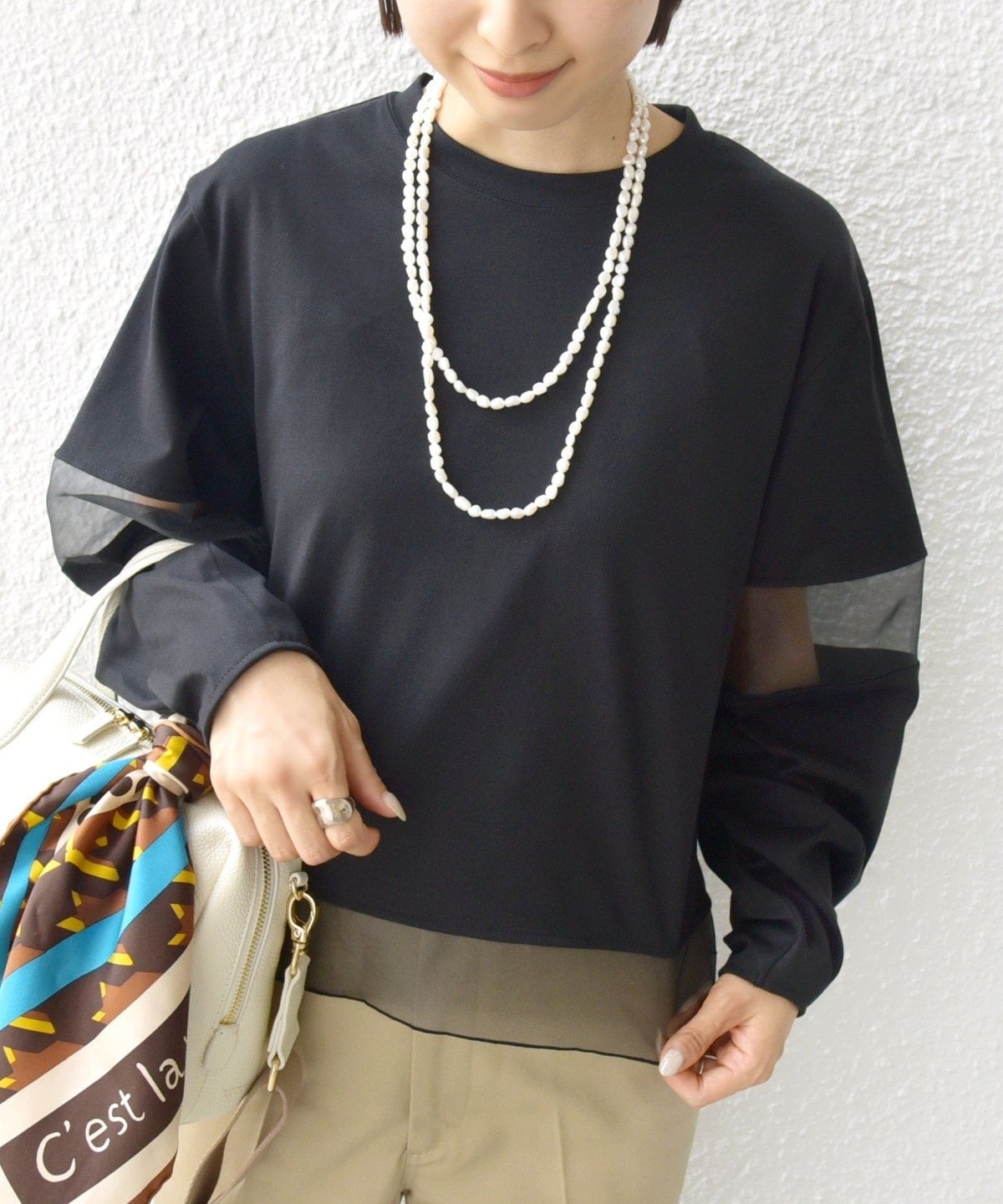 〈手洗い可能〉シアー コンビ プルオーバー ロング スリーブ