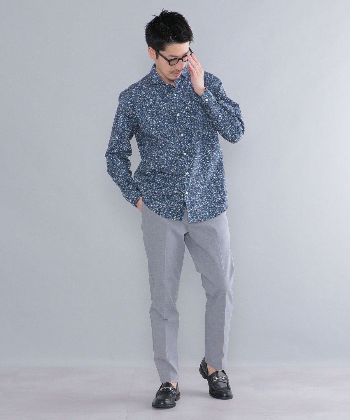 SHIPS: ブロード モチーフプリント セミワイドカラーシャツ