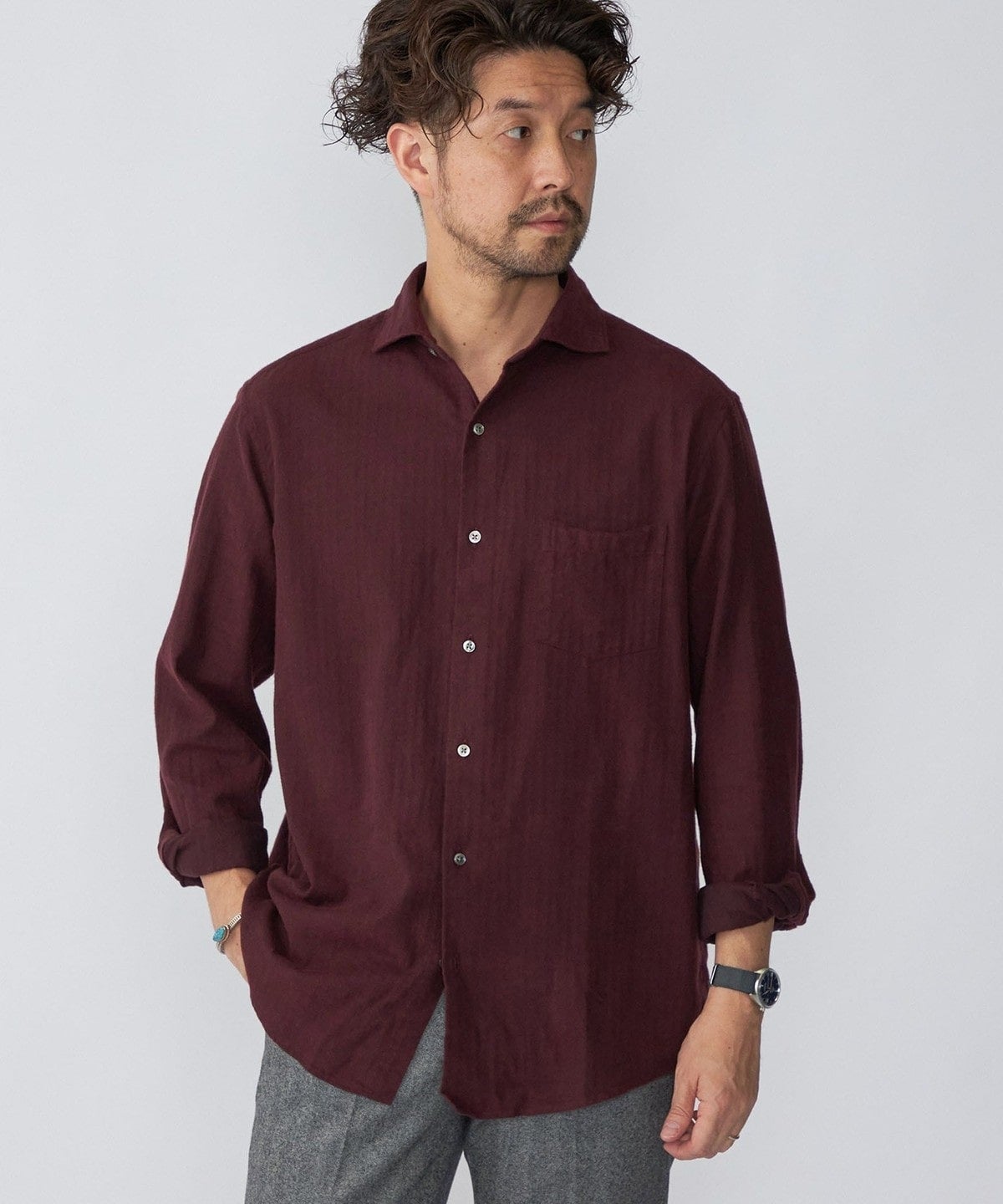 SHIPS: ネルヘリンボーン セミワイドカラーシャツ