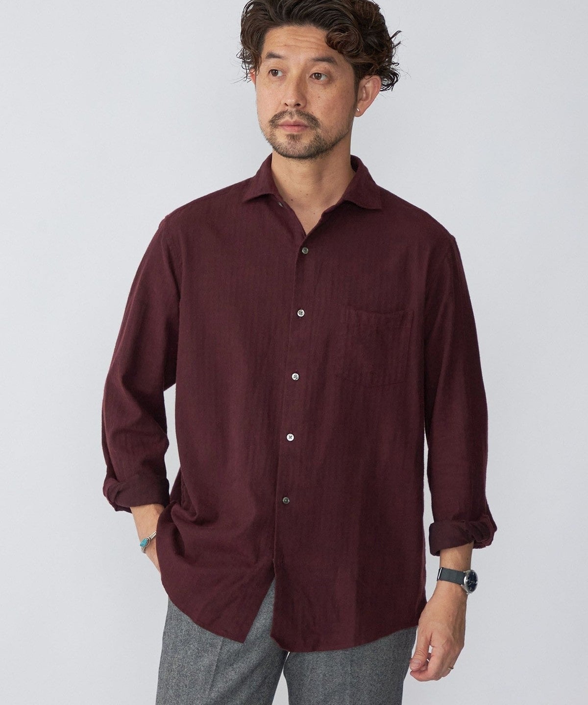 SHIPS: ネルヘリンボーン セミワイドカラーシャツ