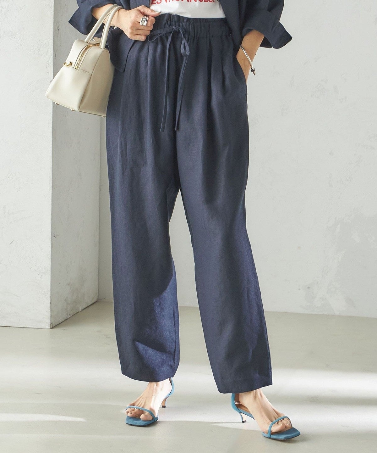 SHIPS Primary Navy Label:麻 レーヨン イージー パンツ