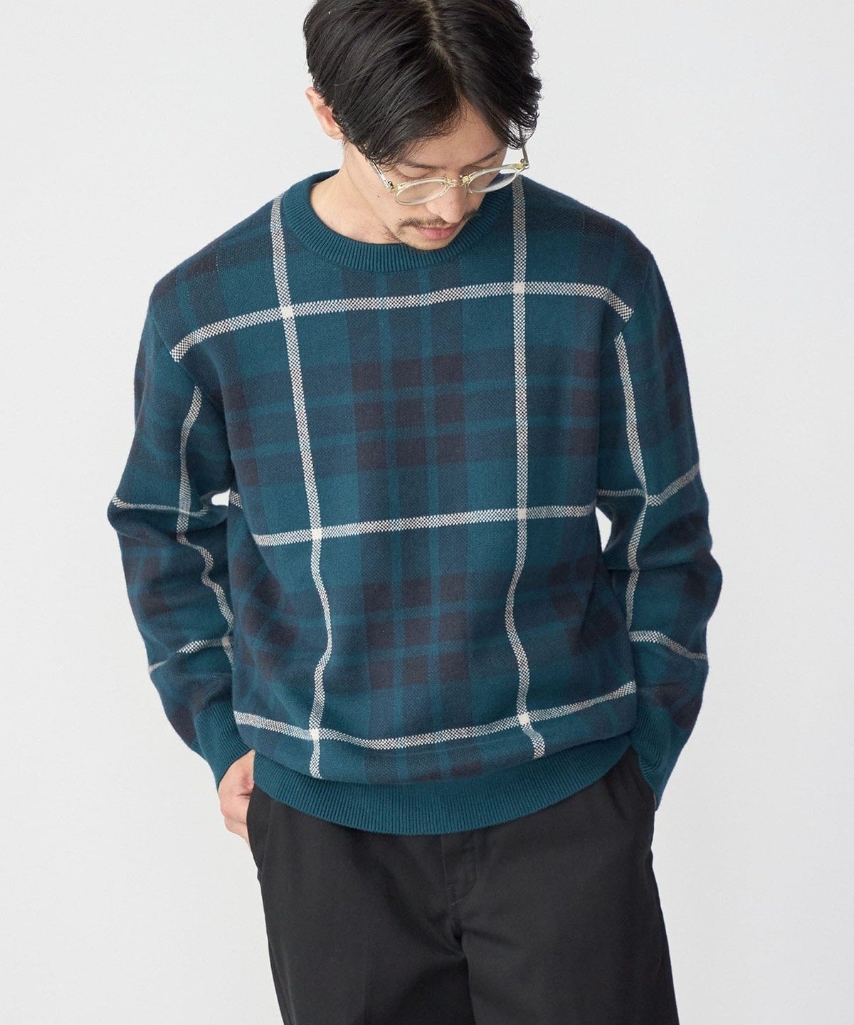 SHIPS:〈手洗い可能〉コットン カシミヤ チェック クルーネックニット
