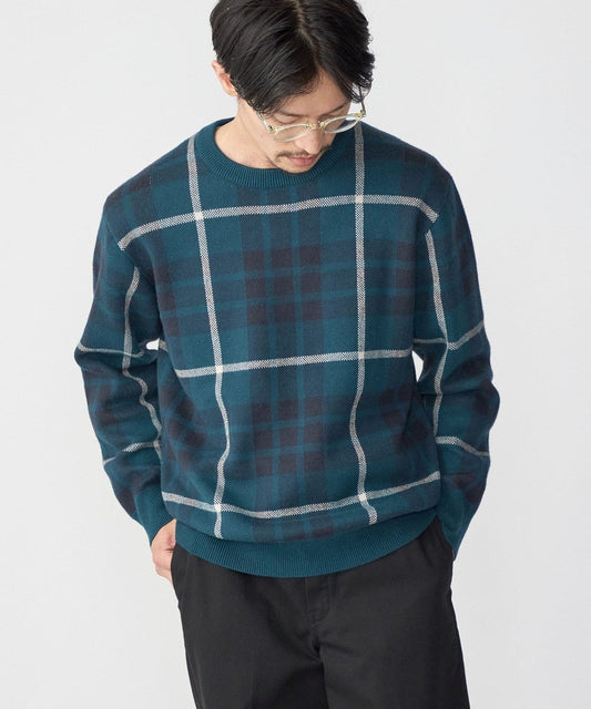 SHIPS:〈手洗い可能〉コットン カシミヤ チェック クルーネックニット