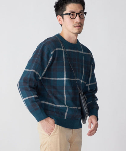 SHIPS:〈手洗い可能〉コットン カシミヤ チェック クルーネックニット
