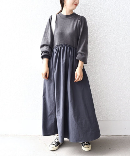 〈手洗い可能〉ニット×タフタコンビワンピース