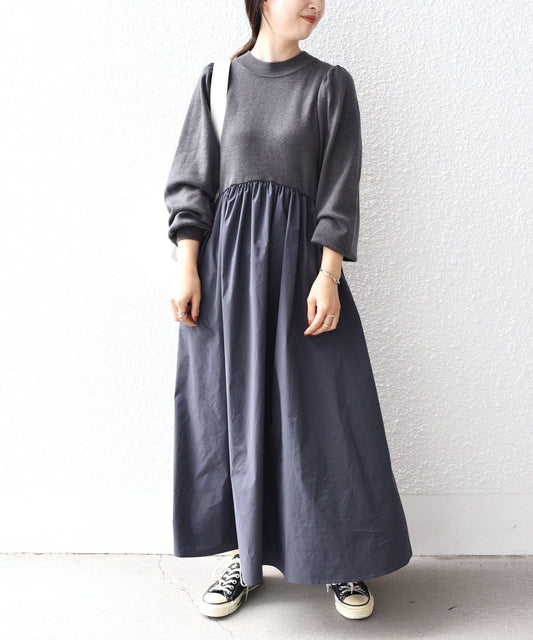 〈手洗い可能〉ニット×タフタコンビワンピース