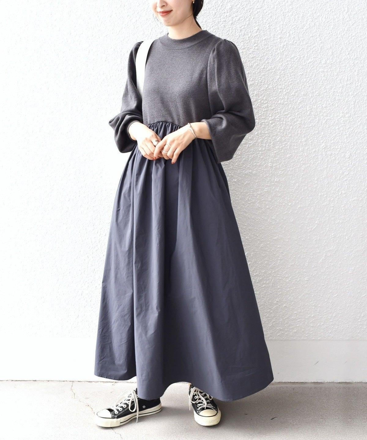 〈手洗い可能〉ニット×タフタコンビワンピース