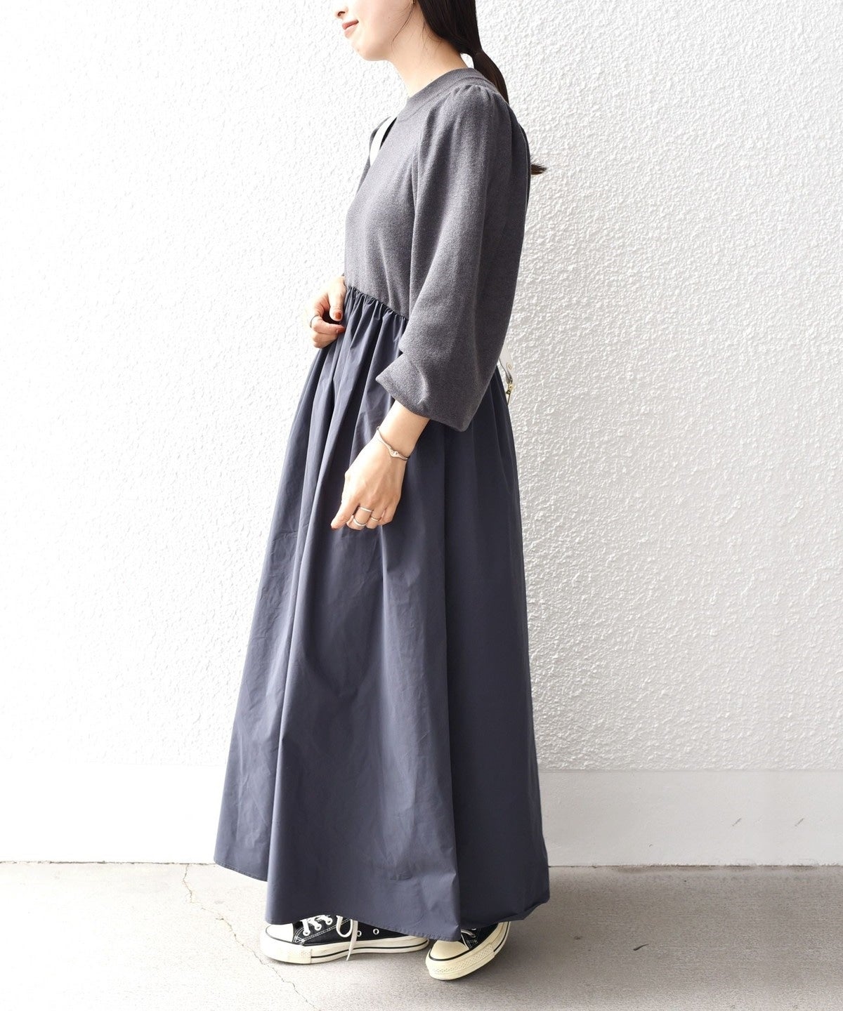 〈手洗い可能〉ニット×タフタコンビワンピース