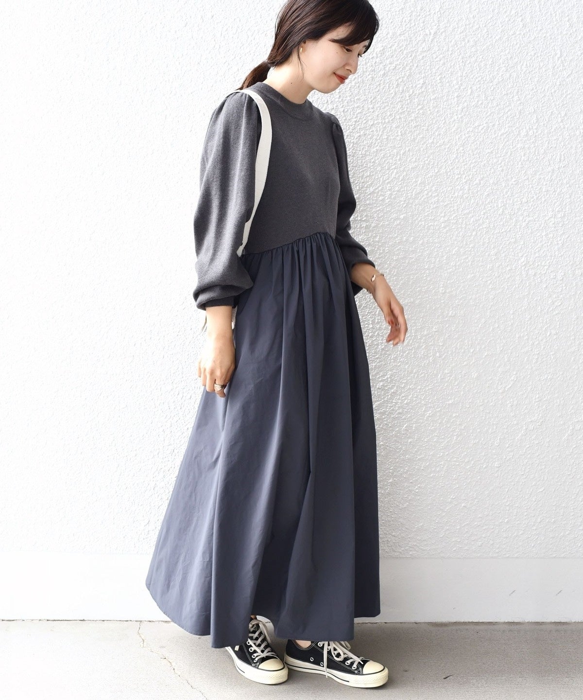 〈手洗い可能〉ニット×タフタコンビワンピース