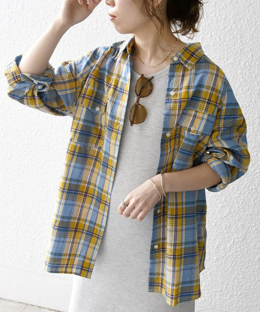 SHIPS any:〈洗濯機可能〉リネン ミックス マドラス チェック シャツ