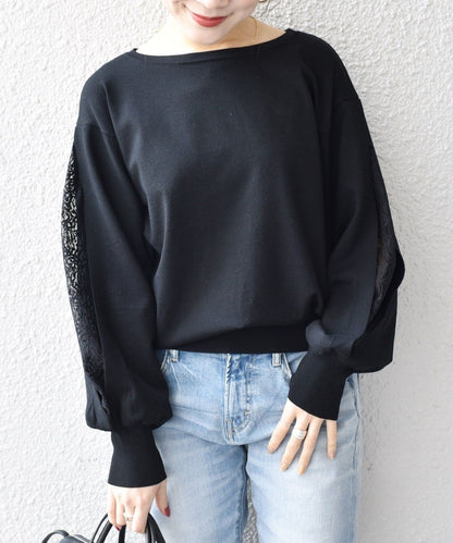 〈手洗い可能〉ニット×レースロングスリーブプルオーバー