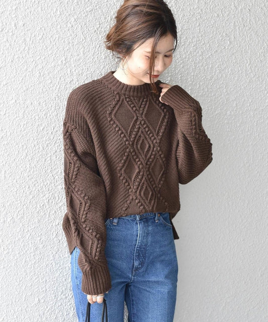 Khaju:ポンポンケーブルニットプルオーバー