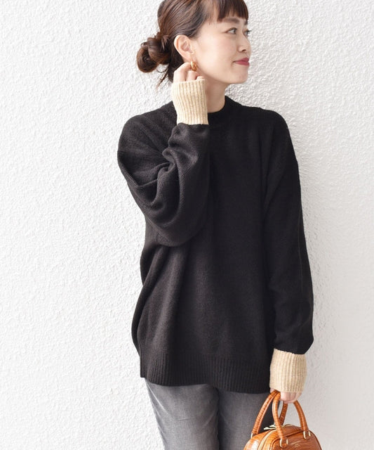 〈手洗い可能〉ヤクフィール袖配色ニットプルオーバー
