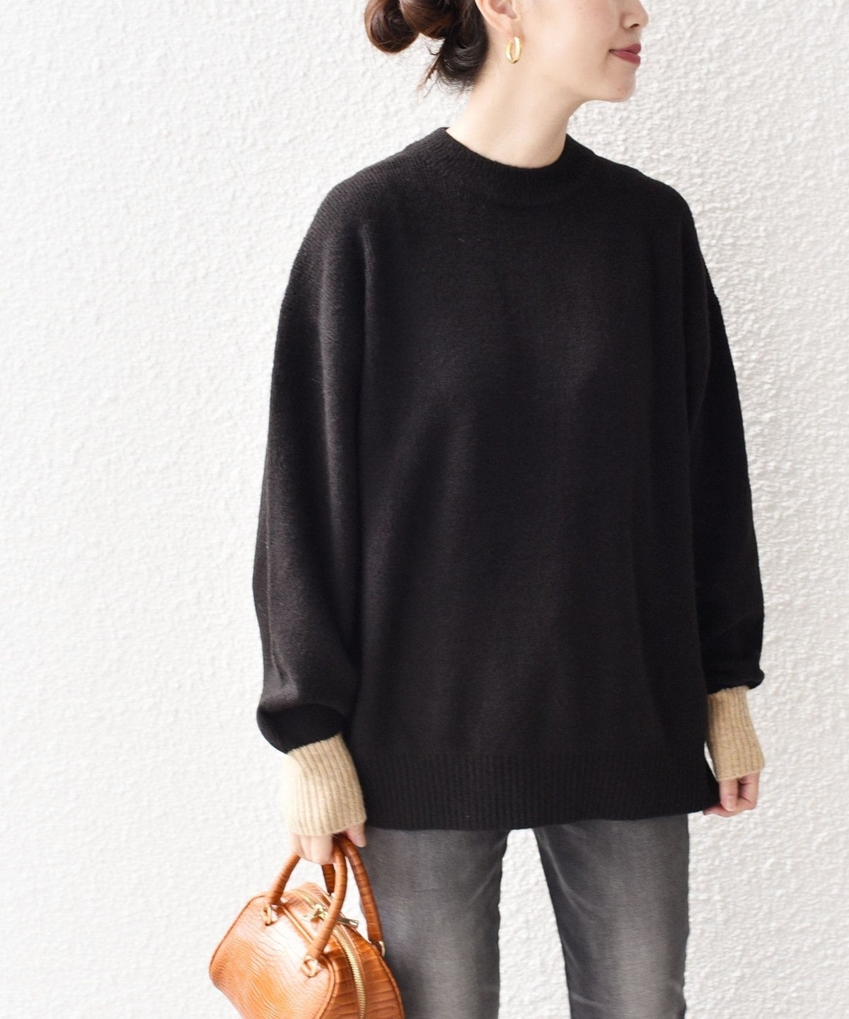 〈手洗い可能〉ヤクフィール袖配色ニットプルオーバー