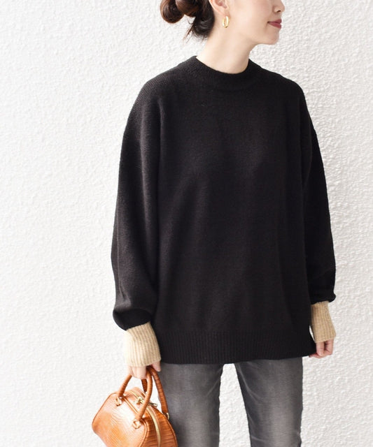 〈手洗い可能〉ヤクフィール袖配色ニットプルオーバー