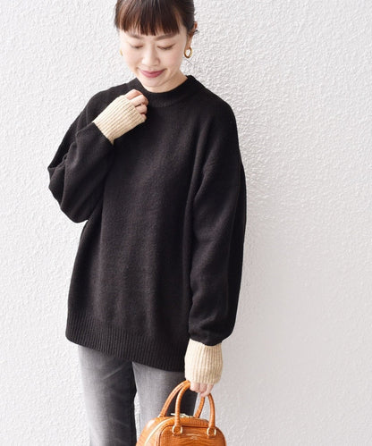 〈手洗い可能〉ヤクフィール袖配色ニットプルオーバー
