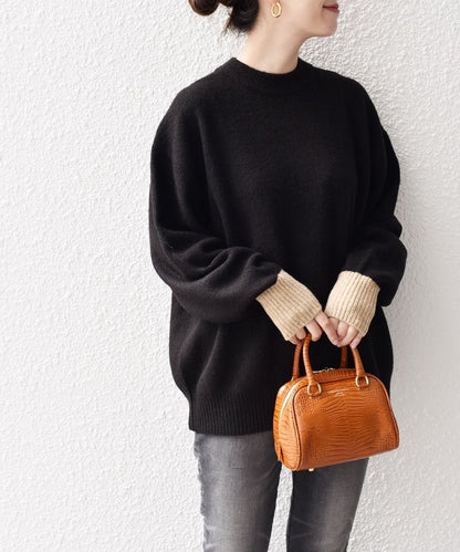 〈手洗い可能〉ヤクフィール袖配色ニットプルオーバー