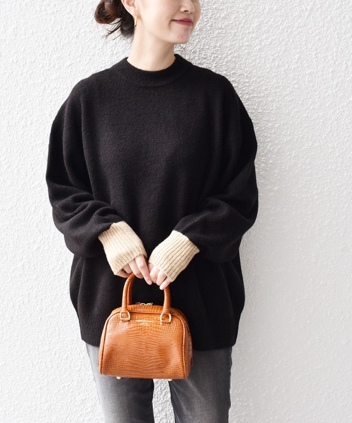 〈手洗い可能〉ヤクフィール袖配色ニットプルオーバー