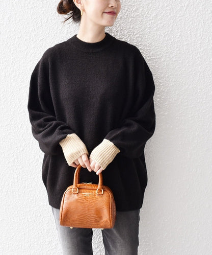 〈手洗い可能〉ヤクフィール袖配色ニットプルオーバー