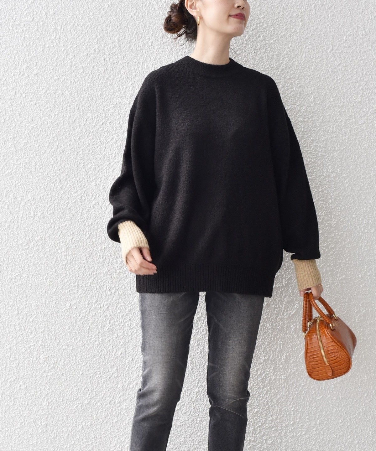 〈手洗い可能〉ヤクフィール袖配色ニットプルオーバー