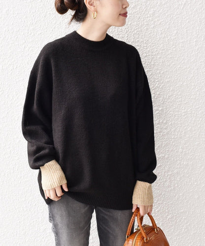 〈手洗い可能〉ヤクフィール袖配色ニットプルオーバー