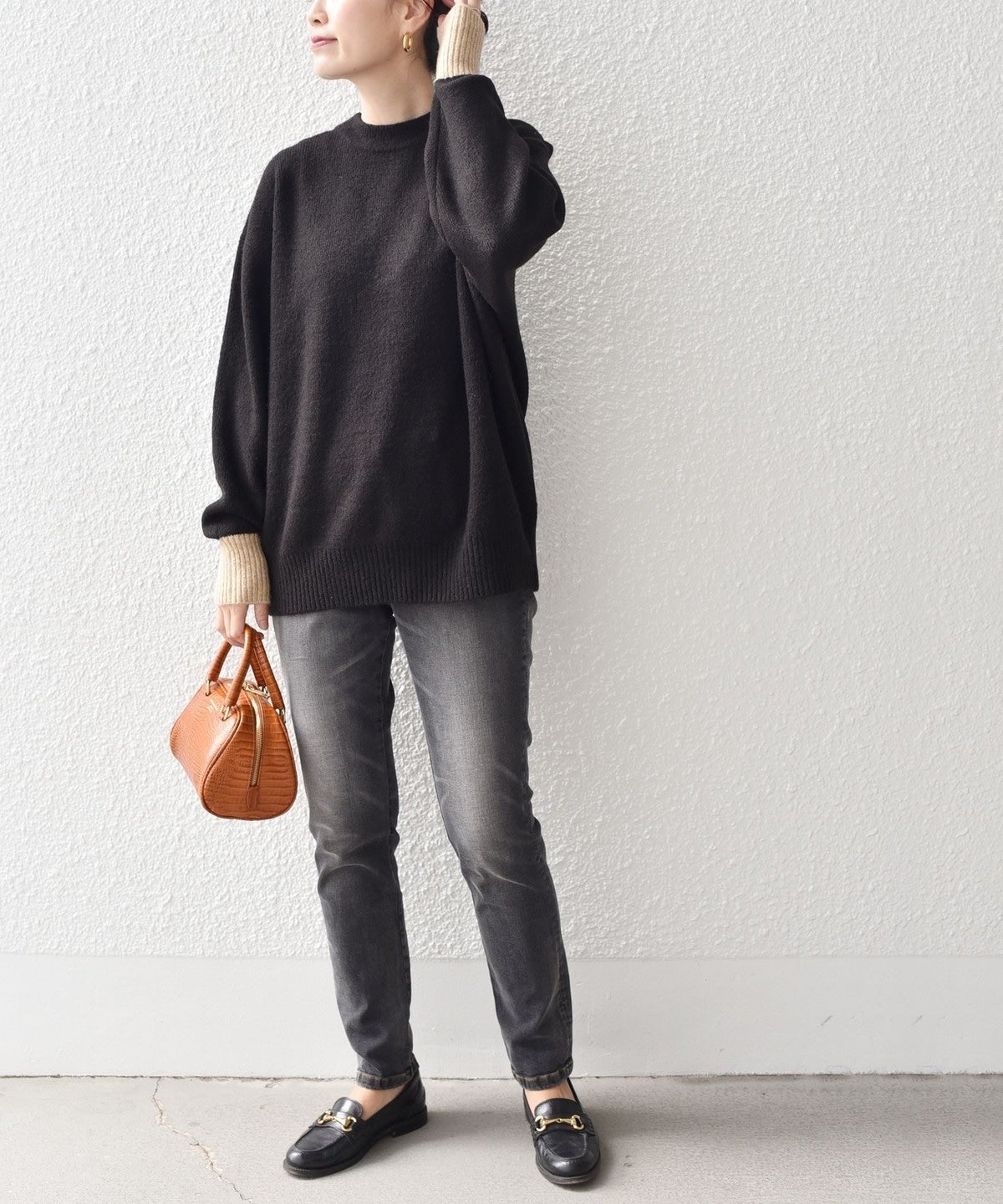 〈手洗い可能〉ヤクフィール袖配色ニットプルオーバー