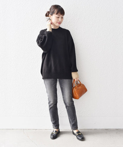 〈手洗い可能〉ヤクフィール袖配色ニットプルオーバー