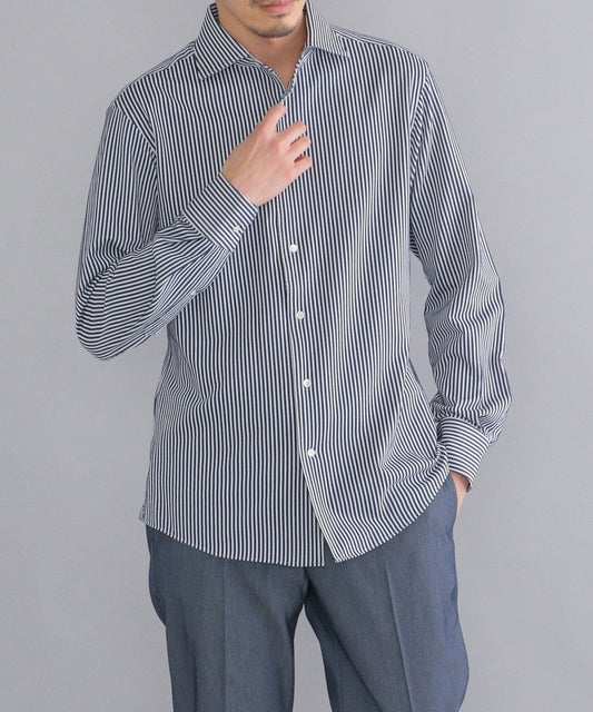 SHIPS:<吸水 速乾>ALBINI ジャージー ストライプ イタリアン ワイドカラー シャツ