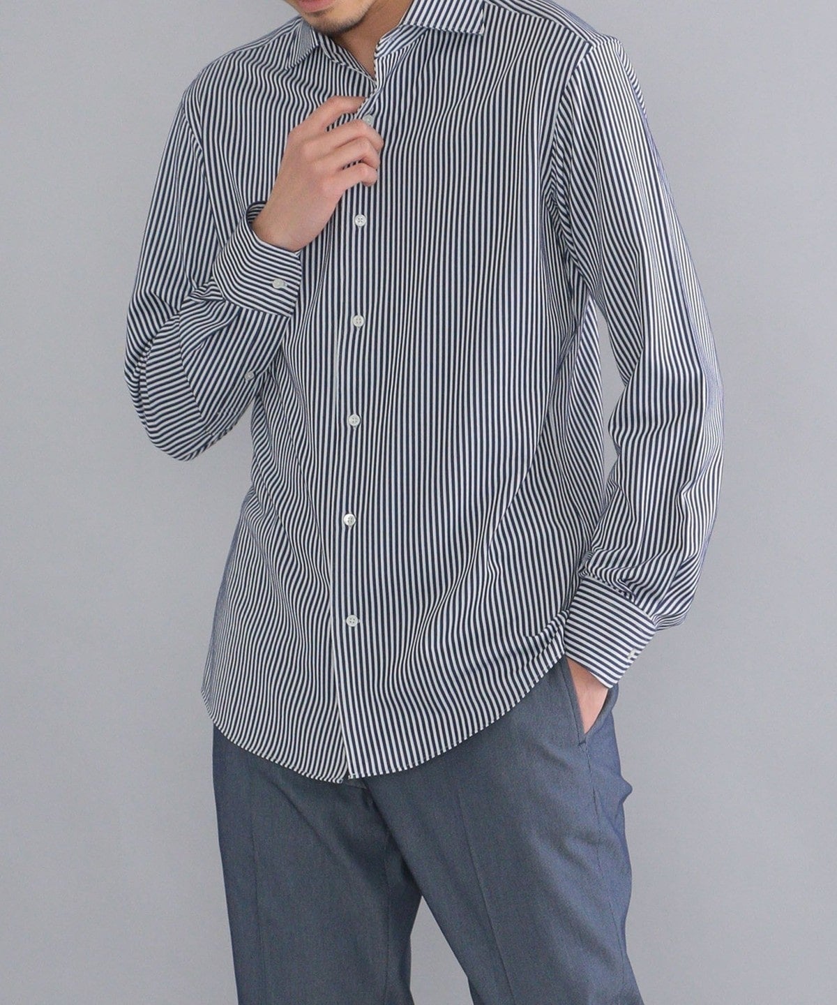 SHIPS:<吸水 速乾>ALBINI ジャージー ストライプ イタリアン ワイドカラー シャツ