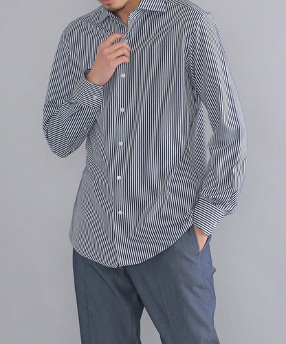 SHIPS:<吸水 速乾>ALBINI ジャージー ストライプ イタリアン ワイドカラー シャツ