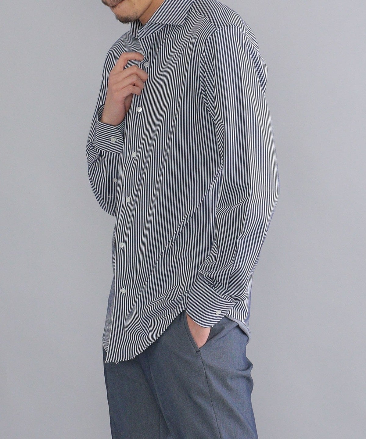 SHIPS:<吸水 速乾>ALBINI ジャージー ストライプ イタリアン ワイドカラー シャツ