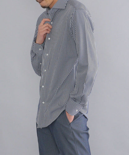 SHIPS:<吸水 速乾>ALBINI ジャージー ストライプ イタリアン ワイドカラー シャツ