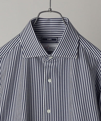 SHIPS:<吸水 速乾>ALBINI ジャージー ストライプ イタリアン ワイドカラー シャツ