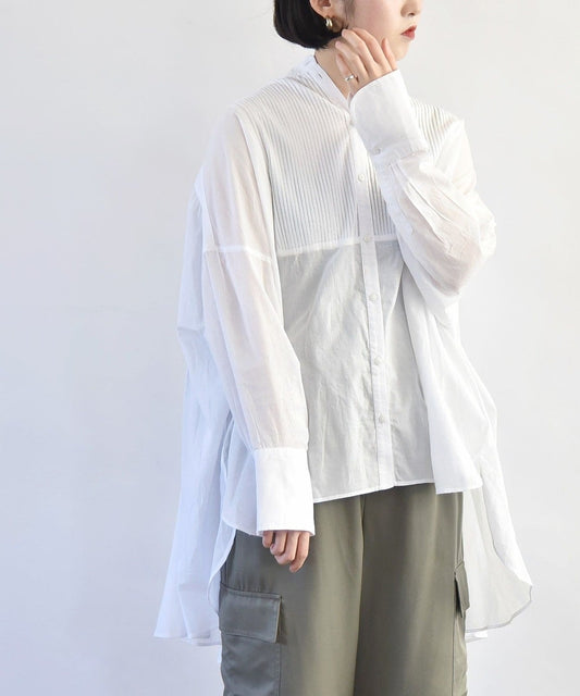 quaranciel:〈洗濯機可能〉コットン ボイル ピンタック バンドカラー シャツ