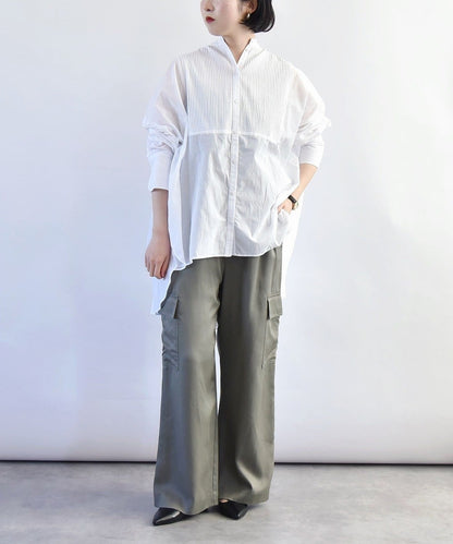 quaranciel:〈洗濯機可能〉コットン ボイル ピンタック バンドカラー シャツ